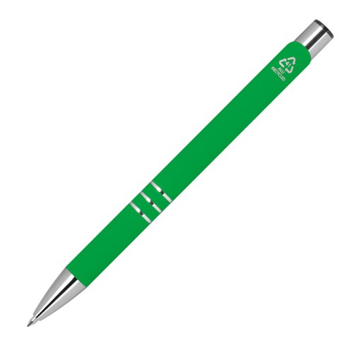 Stylo gel vert avec lments mtalliques et motif.