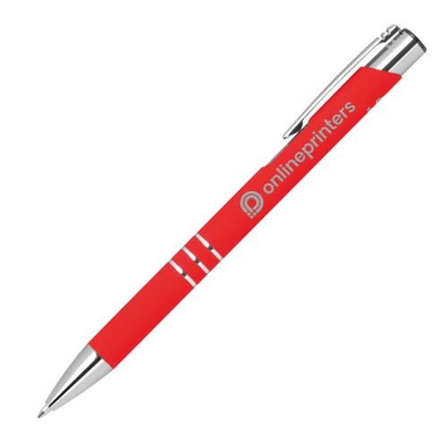 Stylo gel rouge avec motif et mcanisme  poussoir.
