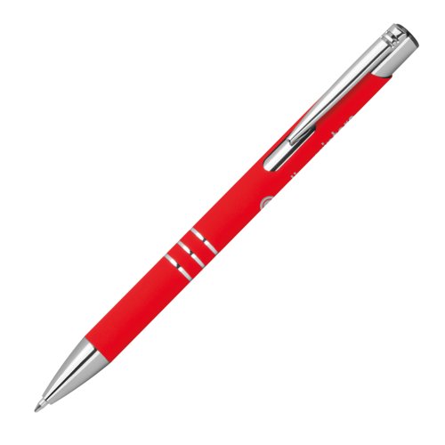 Stylo gel rouge  motif, lments mtalliques et mcanisme  poussoir.