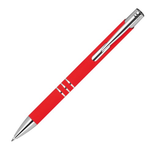 Stylo gel rouge avec clip et bouton-poussoir.