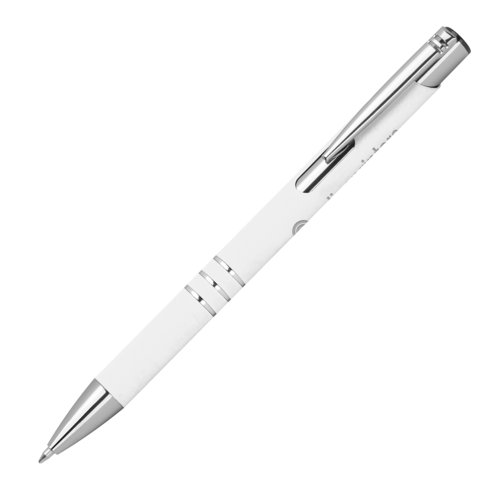 Stylo gel blanc en plastique avec lments mtalliques et clip.
