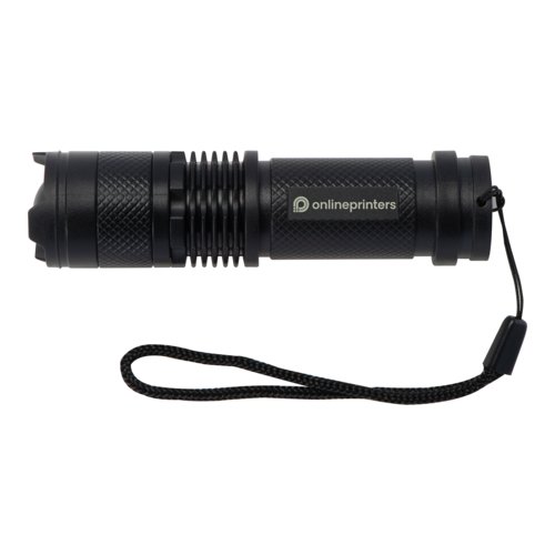 Lampe de poche noire, rechargeable avec dragonne.