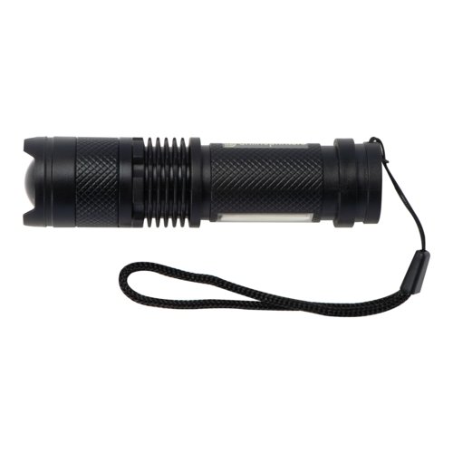 Lampe de poche noire rechargeable en mtal avec dragonne.