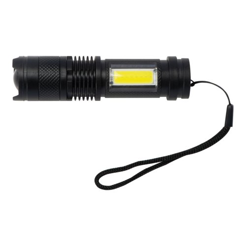 Lampe de poche noire rechargeable avec dragonne.