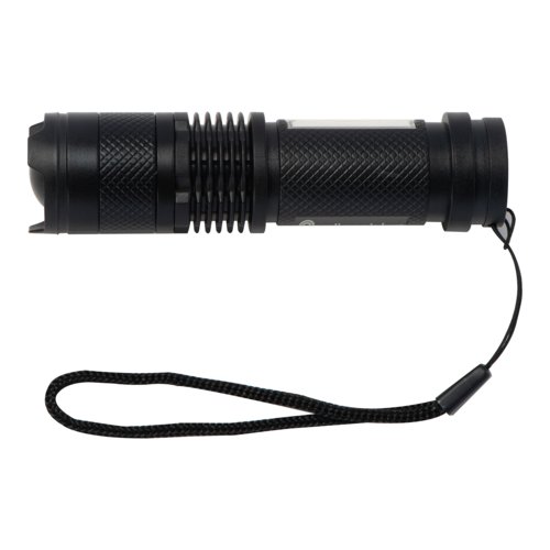 Lampe de poche noire rechargeable avec dragonne.