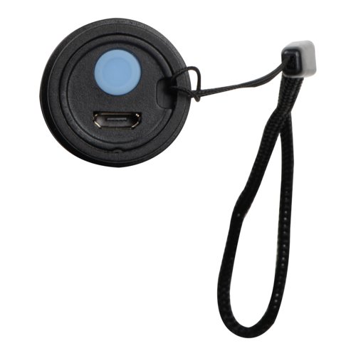 Lampe de poche noire rechargeable avec dragonne.