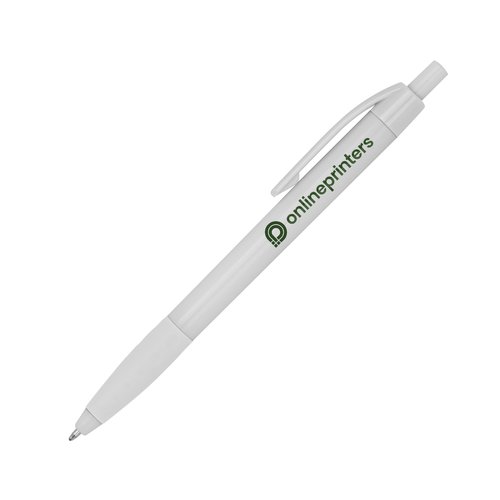 Stylo  bille en plastique blanc avec clip et bouton poussoir.