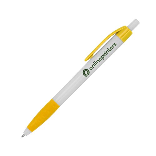 Stylo  bille en plastique jaune avec clip et bouton poussoir.