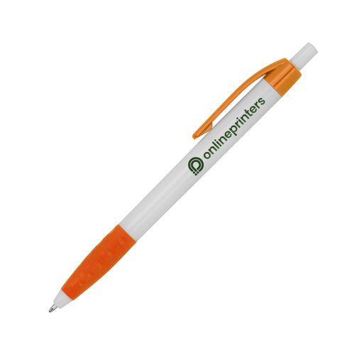 Stylo  bille en plastique orange avec clip et bouton poussoir.