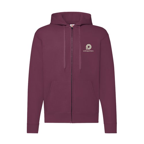 Veste de survtement bordeaux en mlange de coton avec capuche et fermeture clair pour hommes.