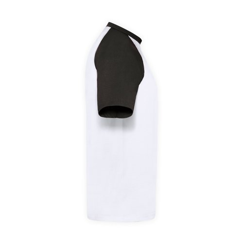 T-shirt blanc en coton avec manches noires et col rond.