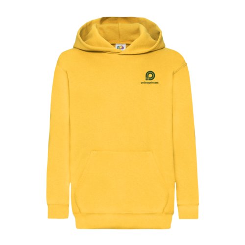 Sweat  capuche jaune pour enfants en mlange de coton avec capuche et poche kangourou.