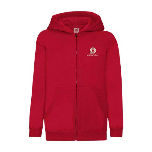 Veste de survtement rouge en mlange de coton pour enfants avec capuche et fermeture clair intgrale.