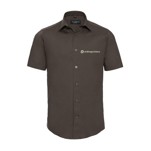 Chemise marron  manches courtes en mlange de coton avec patte de boutonnage.