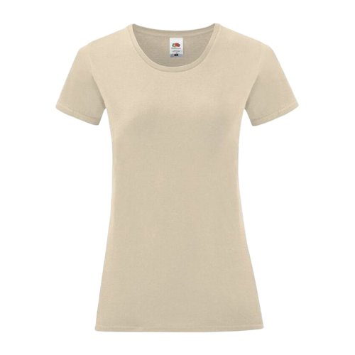 T-shirt beige en coton pour femmes avec col rond et manches courtes.