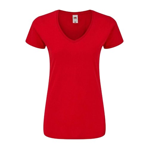 T-shirt rouge en coton avec col en V et manches courtes pour femmes.