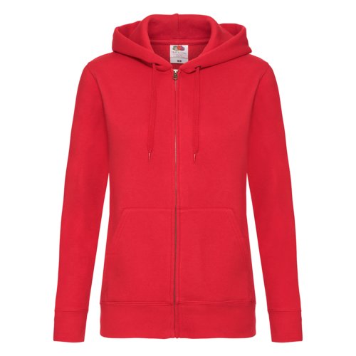 Veste  capuche rouge en mlange de coton avec fermeture clair intgrale et cordon de serrage.