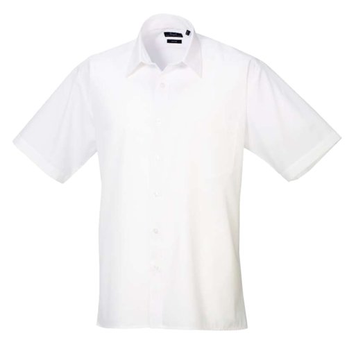 Chemise blanche  manches courtes en popeline de polyester et coton pour hommes.