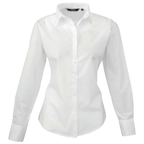 Blouse blanche en popeline de polyester-coton avec manches longues.