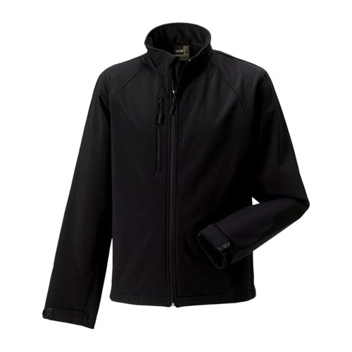 Veste softshell noire en polyester et lasthanne pour homme avec fermeture clair.