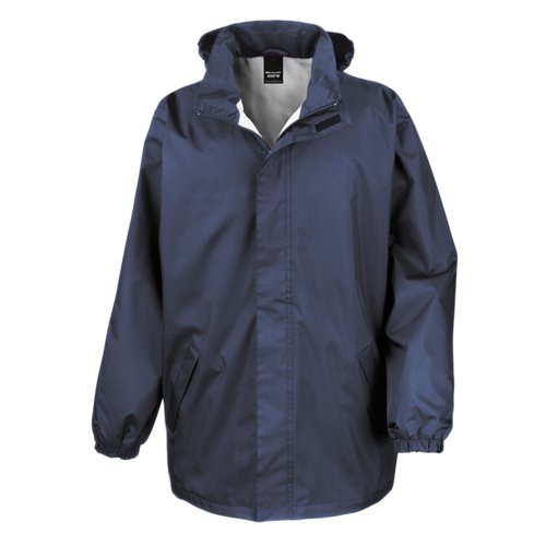 Veste de pluie bleu marine en polyester pour hommes avec capuche.