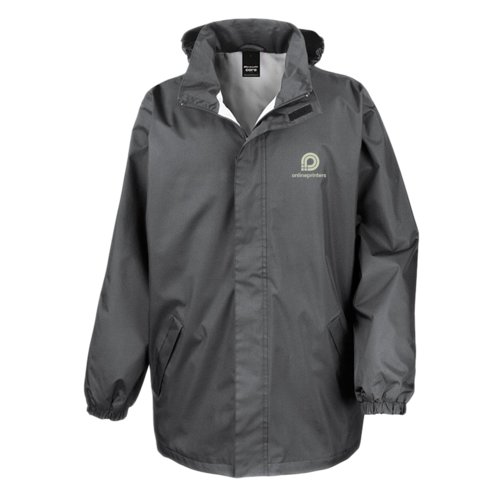 Veste de pluie grise en matire semi-lourde avec capuche.