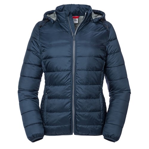 Veste matelasse marine pour femmes en polyester avec capuche.