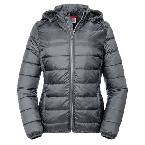 Doudoune grise en polyester avec capuche et fermeture clair intgrale.