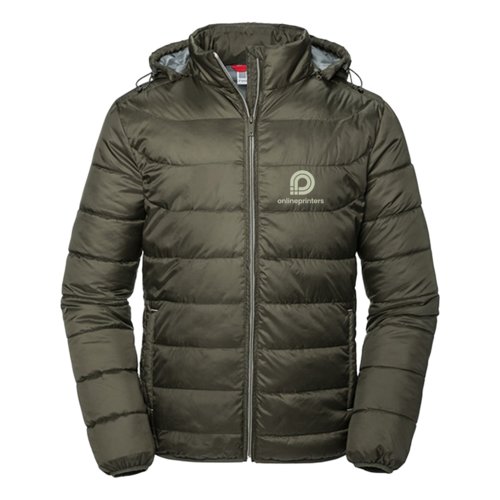 Veste matelasse verte en matire lgre avec capuche pour homme.