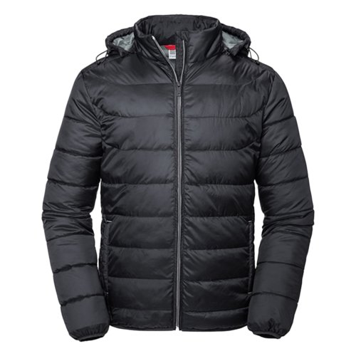 Veste matelasse noire en polyester avec capuche.