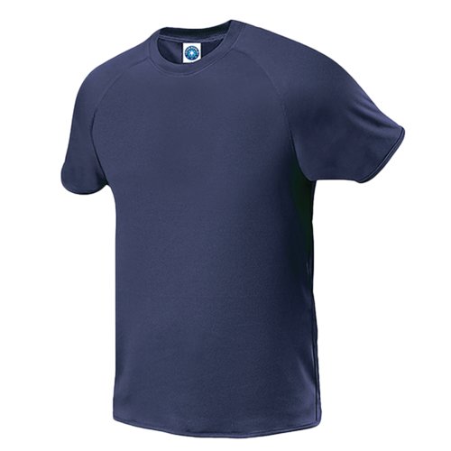 T-shirt en polyester bleu marine pour hommes avec manches courtes.