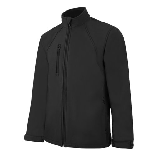 Veste softshell noire en mlange polyester-lasthanne avec fermeture clair intgrale.