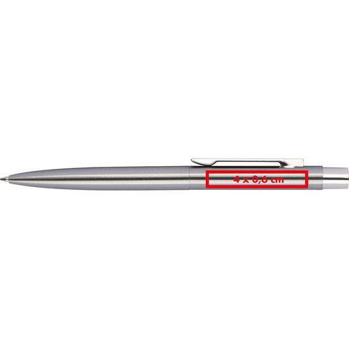 Stylo à bille argenté en acier inoxydable avec clip et mécanisme à pression.