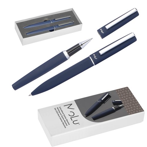 Set d'criture bleu avec stylo  bille et roller dans un coffret cadeau.