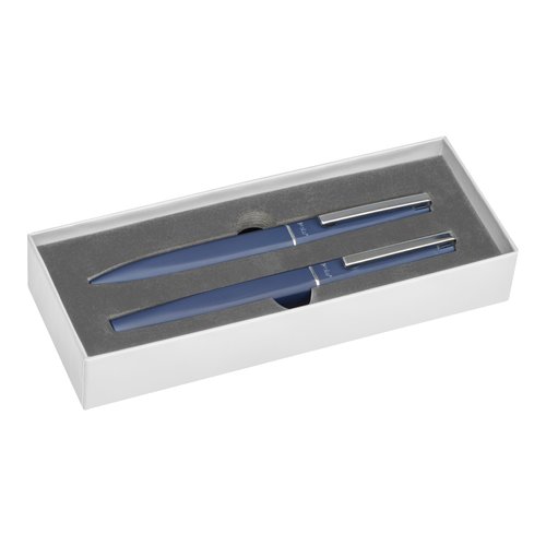 Ensemble d'criture bleu fonc avec stylo  bille et stylo plume.