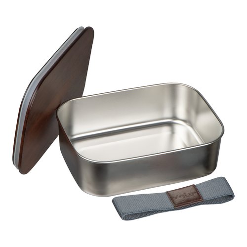 Bote  djeuner en mtal gris argent avec couvercle en bois et lastique.