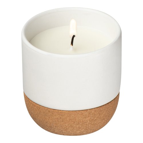 Bougie blanche en cire dans un rcipient en cramique avec base en lige.