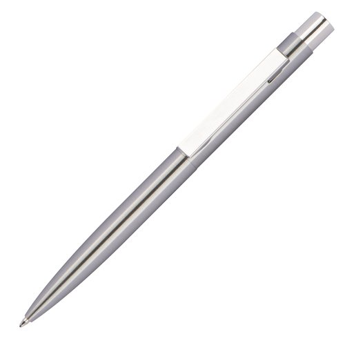 Stylo à bille en acier inoxydable gris argenté avec clip et mécanisme à poussoir.