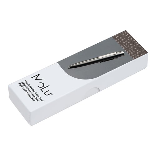 Stylo à bille en acier inoxydable gris argenté avec clip et mécanisme à poussoir.