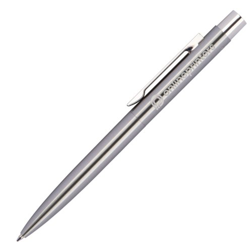 Stylo à bille argenté en acier inoxydable avec clip et mécanisme à poussoir.