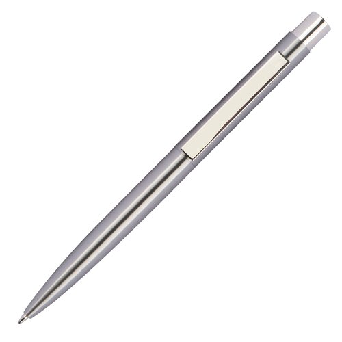 Stylo à bille en acier inoxydable gris argenté avec clip et mécanisme à pression.