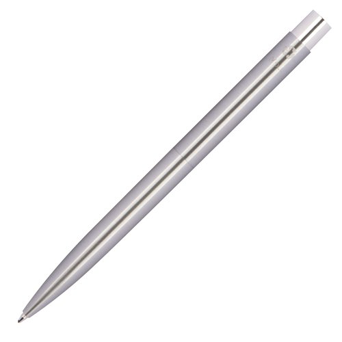 Stylo à bille en acier inoxydable gris argenté avec mécanisme à poussoir.