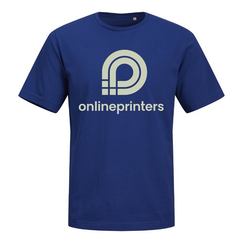 T-shirt bleu fonc en coton biologique avec manches courtes.