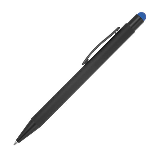 Stylo  bille en mtal bleu avec fonction tactile et clip.