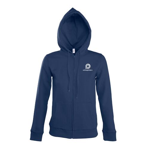 Veste de surv�tement bleu marine en m�lange de coton pour femme avec capuche et fermeture �clair int�grale.
