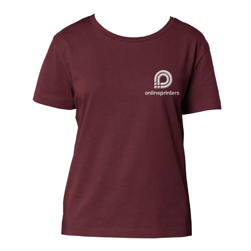 T-shirt bordeaux pour femme en coton biologique � manches courtes.