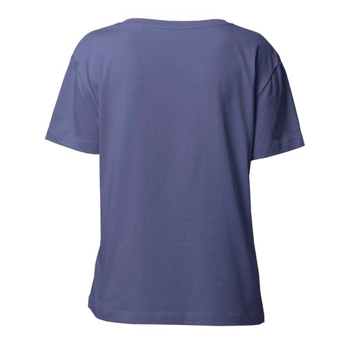 T-shirt bleu en coton biologique pour femme avec manches courtes.