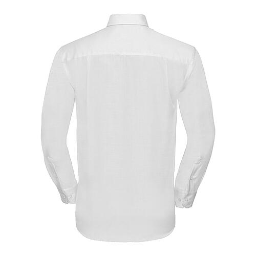 Chemise blanche en coton pour homme avec manches longues et finition infroissable.