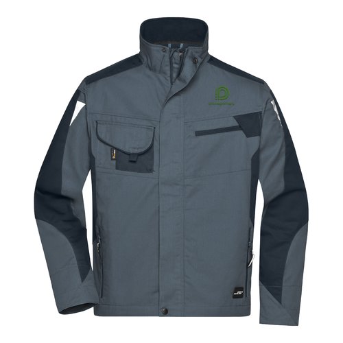 Veste de travail gris fonc en mlange polyester-coton avec fermeture clair et poches multiples.