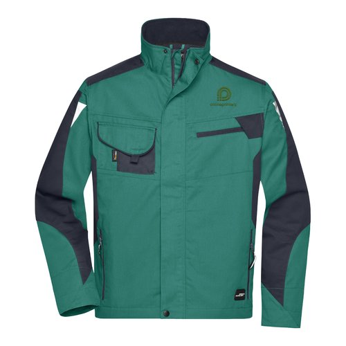 Veste de travail vert fonc et noire en mlange polyester-coton avec plusieurs poches.